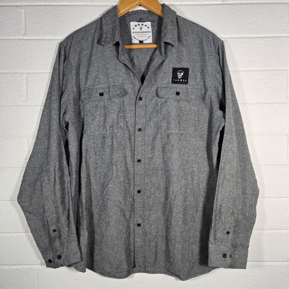 Torque Motorcycle Co Mens XXL Gray Flannel Button Up‎ Shirt Skull Biker Gray